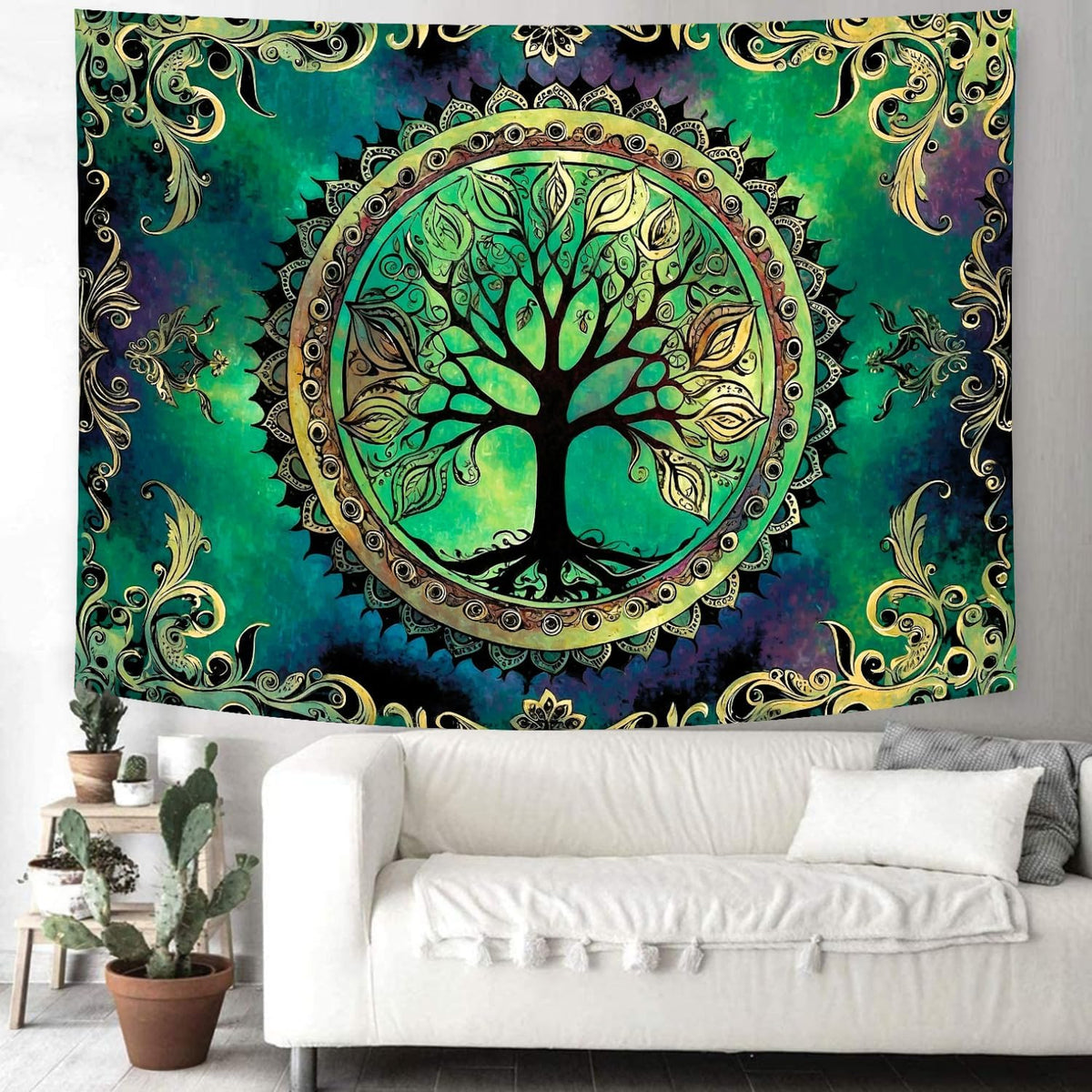 Delur Tree of Life Tapestry Green Nature Bohemian Mandala Spiritual Tapestry Wall Hanging Mystical Landscape Hippie Psychedelic Headboard for Bedroom Living Room Home Decor (51.2" x 59.1")