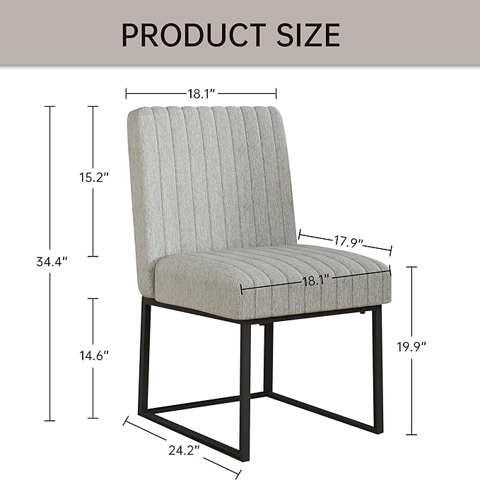 VKNOW Upholstered Dining Chairs, Modern Dining Room Chairs with Stripe, Linen Kitchen Chair Dinner Chair with Black Metal Base for Kitchen Office, Light Grey