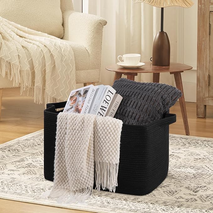 95L Extra Large Blanket Basket, 24" x 16.9" x 14.2" Woven Storage Basket for Living Room, Rectangle Nursery Blanket Storage for Toys, Towels, Dirty Clothes (Black)