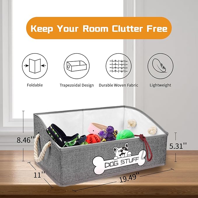 Collapsible Fabric Dog Toy Box and Storage Bin With Handle - Trapezoid Basket Chest Organizer for Pet Toys, Blankets and Accessories,Light Grey