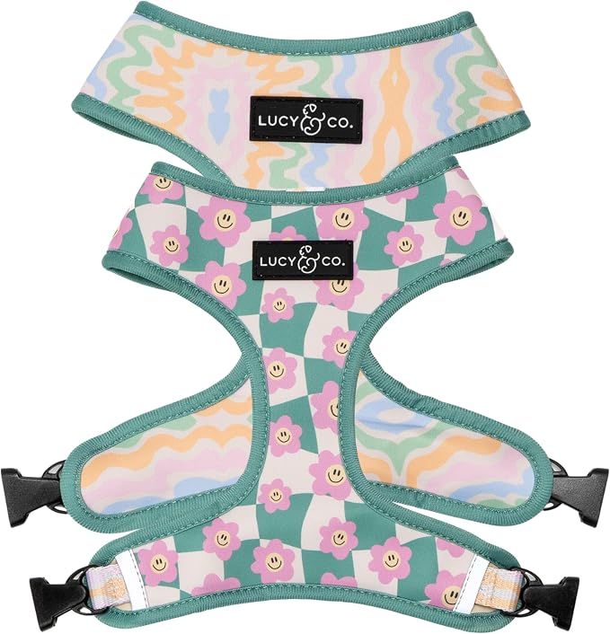 Lucy & Co. Reversible Dog Harness - Water-Repellent Neoprene, Dual-Print Design, Easy Swap Style, Adjustable Comfort Fit - Just Chill Reversible Harness - Small