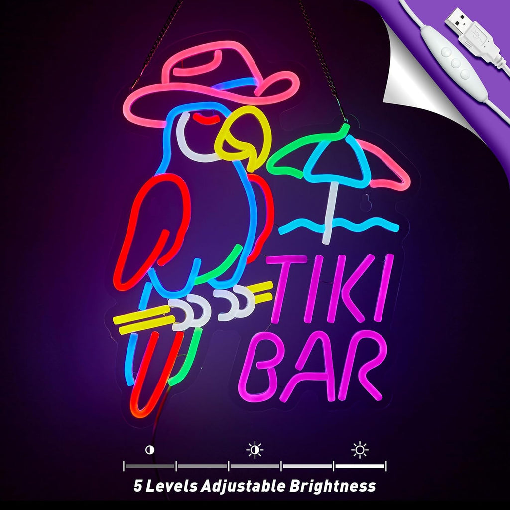 Tiki Bar Parrot Neon Sign for Wall Decor Hawaii Beach Bar LED Light up Signs with Dimmer for Pub Party Man Cave Room Art Decor Gift