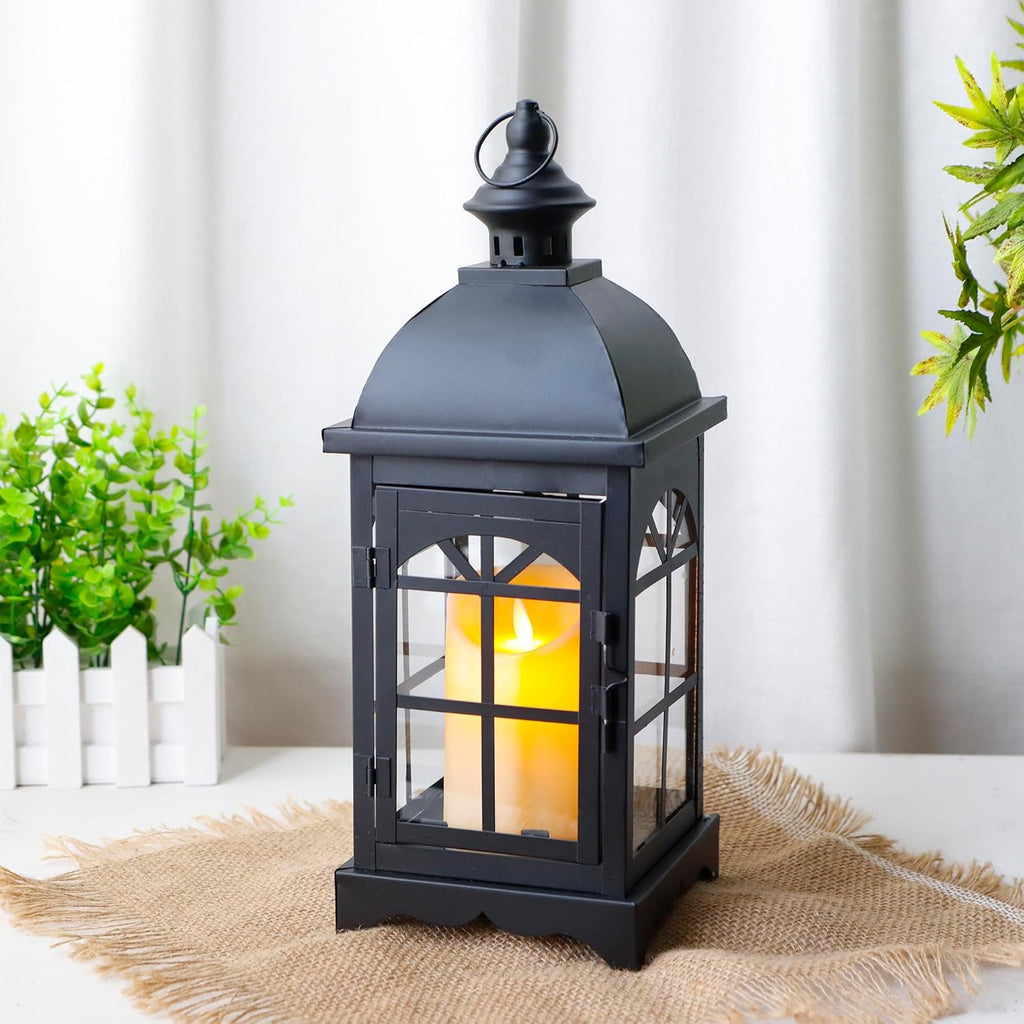 TRIROCKS Decorative Vintage Candle Lanterns 14.5" H Farmhouse Outdoor Hanging Lanterns with Tempered Glass for Porch, Balcony, Patio, Home, Centerpieces, Indoor, Outdoor(Black)