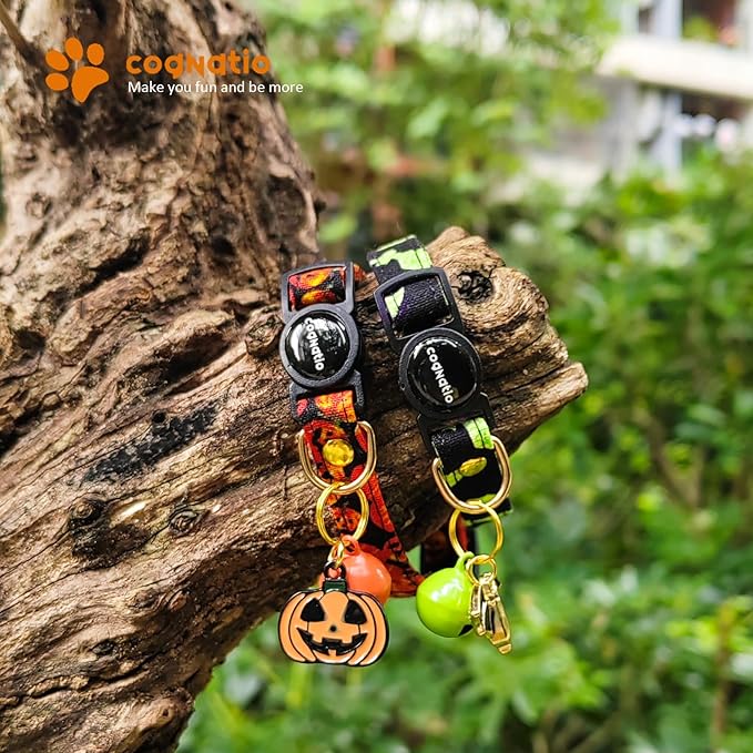 2 Pack Cotton Breakaway cat Collars with Bell,Safety Quick Release Pendant Cute Kitten Collar,Adjustable 20-30cm (Halloween1, 20-30cm)