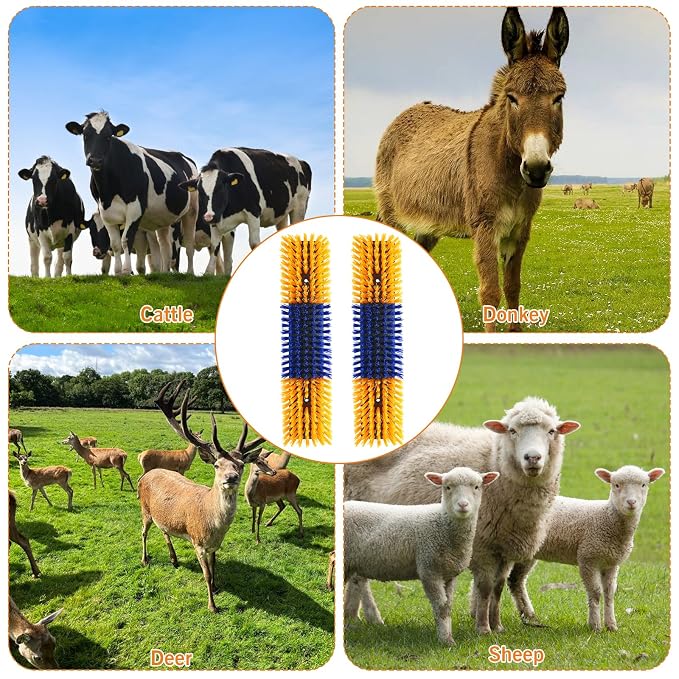Livestock Scratch Brush With 8 Screws，Animal Back Scratching Brush for Cow,Cattle,Sheep, Horses,Pigs，Massage Grooming Tool (Yellow, 2pcs)
