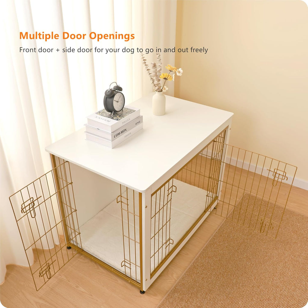 DWANTON Dog Crate Furniture with Cushion, Wooden Kennel Table with Double Doors, Indoor Dog House, Large Size, 38.5" L, White
