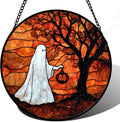 Stained Glass Window Hanging - Halloween Ghost Holding A Pumpkin Lantern Suncatcher for Door Garden Spooky Tree Sun Catchers Gothic Decorations Horror Gifts for Women Men Friend 6.3 in