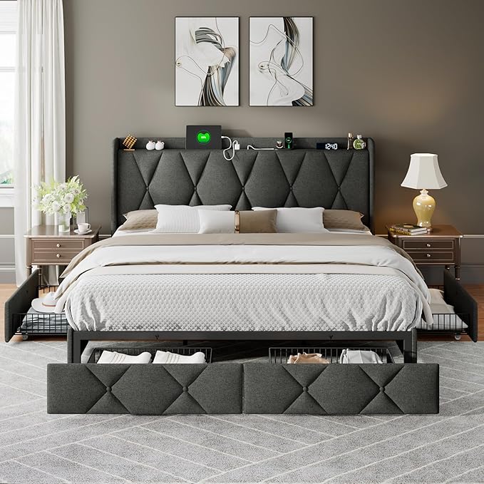 Feonase King Size Bed Frame with 4 Storage Drawers, Upholstered Platform Bed with Charging Station, Wingback Storage Headboard, Wooden Slats Support, No Box Spring Needed, Easy-Assembly, Dark Grey
