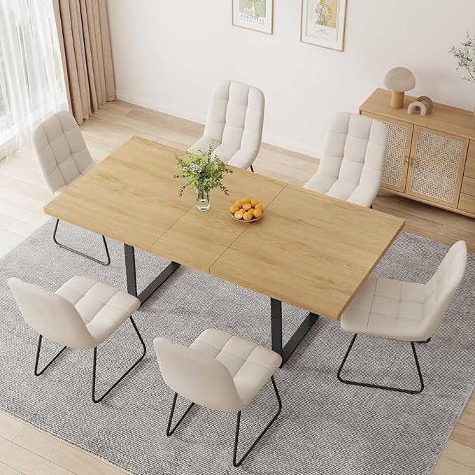 ZckyCine 51"-67" Extendable Dining Table Set for 4-6, Oak Finish Kitchen Table with 6 PU Leather Chairs, Scratch-Resistant MDF Board & Sturdy Metal Legs, Modern Dining Room Furniture
