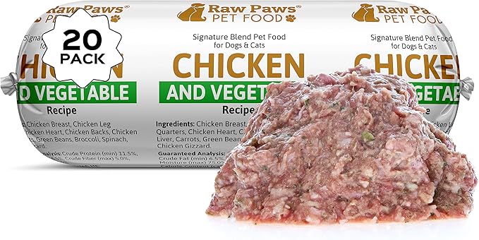 Raw Paws Signature Blend Pet Food for Dogs & Cats - Chicken & Vegetable Recipe, 1-lb Rolls (20 Pack) - Freshly Made in USA - Raw Diet Cat Food - Raw Frozen Dog Food - Fresh Dog Food Log