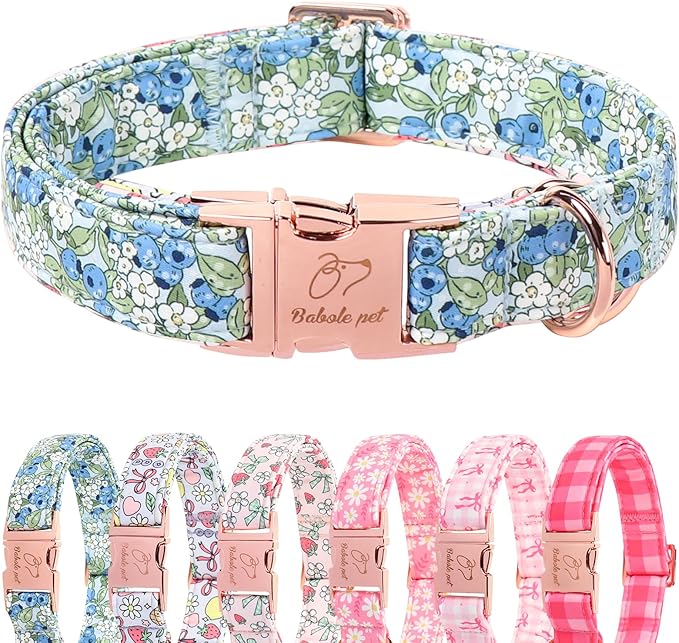 Blueberry Garden Dog Collar, Spring/Summer Cottagecore Floral Dog Collars, Adjustable Heavy Duty Girl Dogs Collar for Small Medium Large Dogs with Metal Buckle M