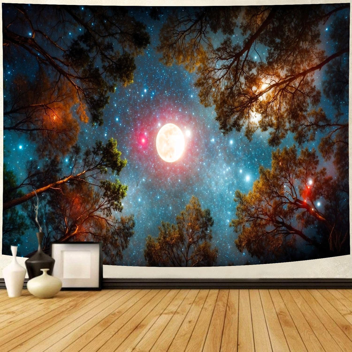 Delur Forest Tapestry Galaxy Moon Stars Night Space Starry Sky Wall Hanging Tapestry Aesthetic Tree Nature Landscape Psychedelic Headboard for Bedroom Living Room Home Decor (51.2" x 59.1")