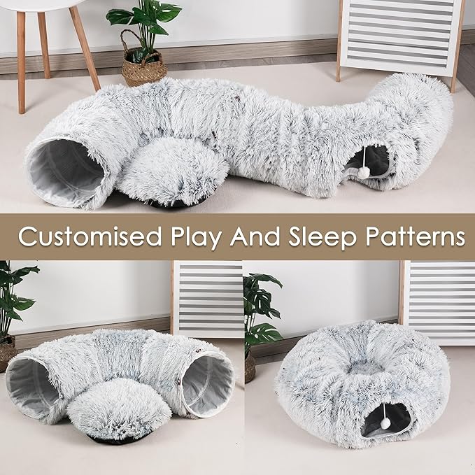Cat Tunnel Bed for Indoor Cats, Peekaboo Cat Cave with Washable Soft Play Mat, Furry Cat Tube, for Kitten/Puppy/Rabbit, Grey