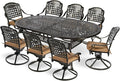 MEETWARM 9-Piece Outdoor Patio Dining Set, All-Weather Cast Aluminum Patio Conversation Set with 8 Cushioned Swivel Rocker Chairs for Backyard Garden Deck, 1 Oval Table, 2" Umbrella Hole