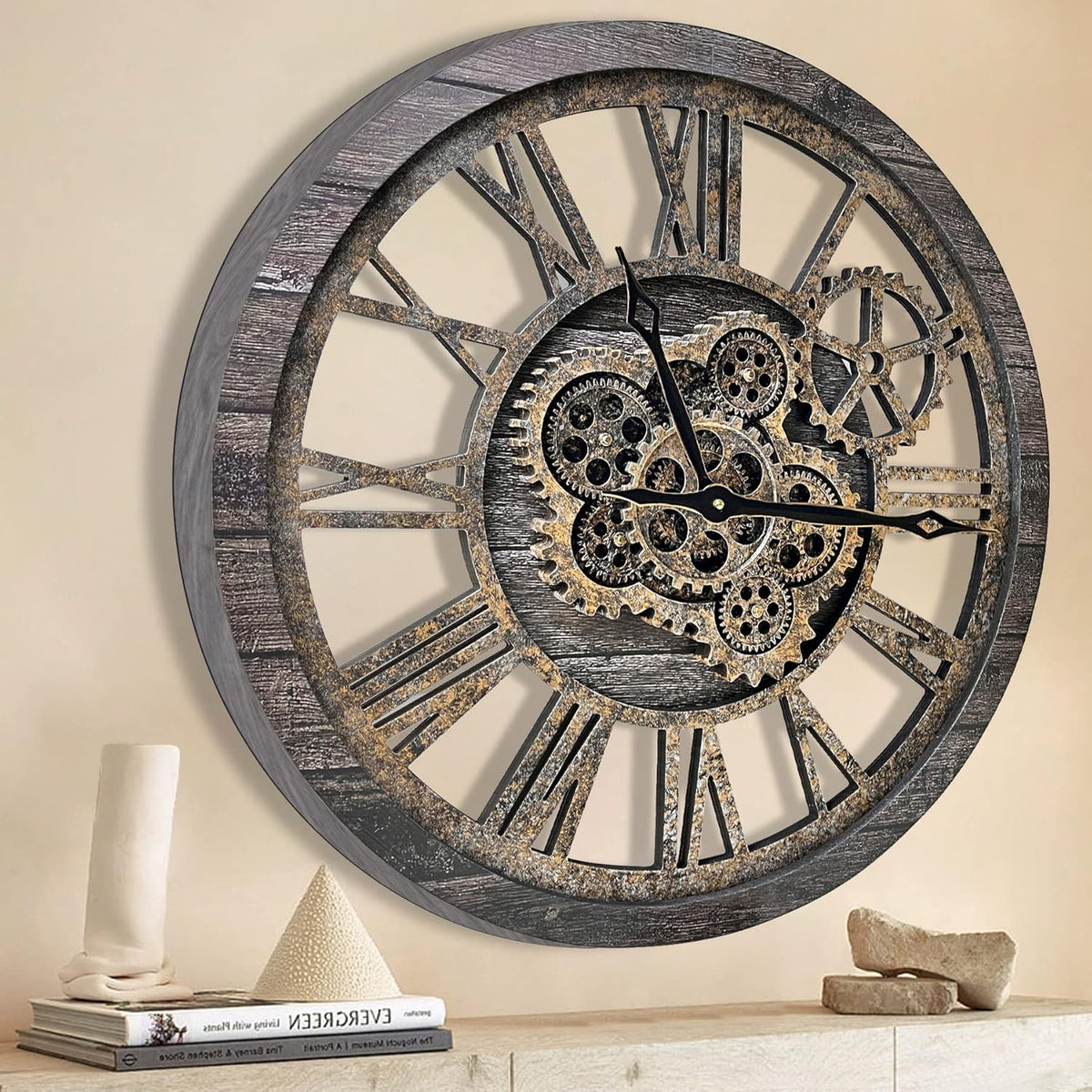 The B-Style Large Wall Clock 18 inch Moving Gear Wall Clock Oversized Vintage Farmhouse Wall Clocks for Living Room Decor Rustic Industrial Wood Clock (Carbon Gray)