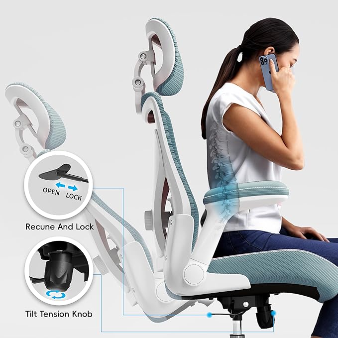 Office Home Ergonomic Desk Chair-Computer X-Shaped Chair Mesh PU Leather with Adjustable Lumbar Support-Executive Chair High Back with Headrest Flip-Up Arms for Long Hours (Sky Blue)