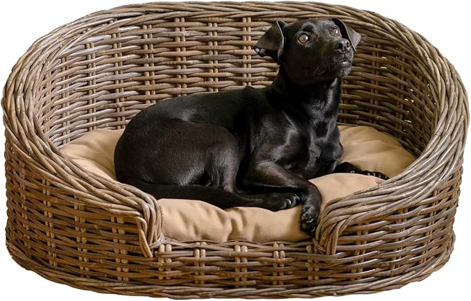DBD1000A Curvy 28.5" x 17.25" Classic Handwoven Rattan Dog Bed with Machine-Washable Cushion, Kubu Gray