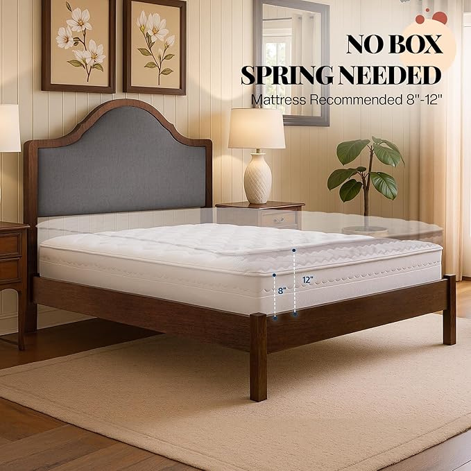 Jocisland Wood Full Size Bed Frame with Tall Upholstered Curved Headboard, Solid Wood Platform, No Box Spring Needed, Wood Slat Support, Brown