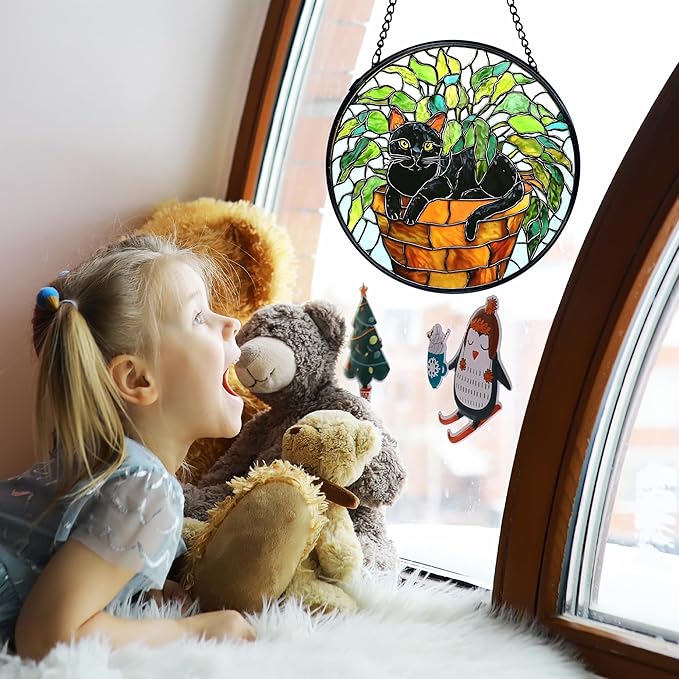 TNUW Black Cat Plant Stained Glass Window Hanging, Black Cat Botanical Sun Catchers Indoor Window Glass Round Wall Art Decor, Wall Hanging Decorations, 7.9＂x7.9＂