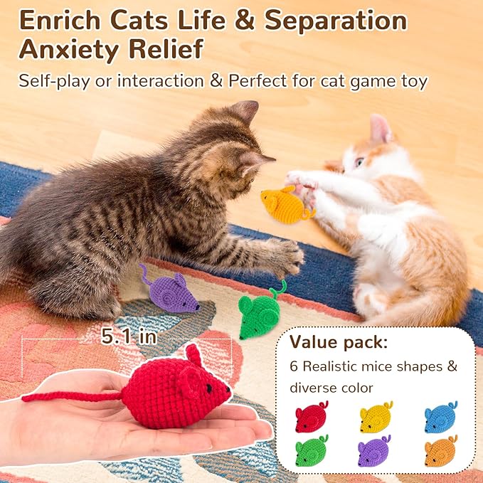 Retro Shaw Catnip Toys Crochet Mouse, 6 Pcs Yarn Cat Nip Mice Safe Teeth Cleaning Chew Toy for Indoor Kittens Kitty, Interactive Catnip Cat Kicker Toys