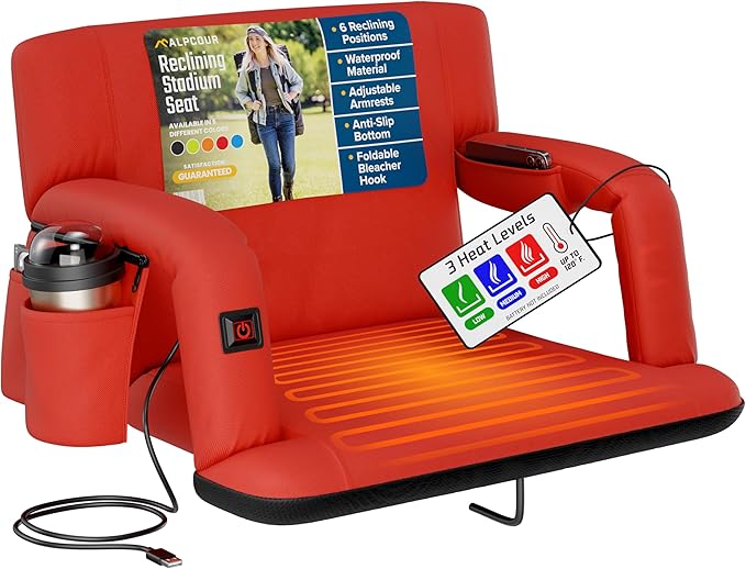 Alpcour Heated Reclining Stadium Seat for Bleachers – Wide Bleacher Chair with Back Support and Cushion, Armrests, Side Pockets, & Hook – Stadium Seats Chairs for Camping, Kayak, Paddle Board & More