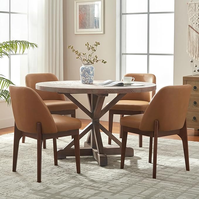 VKNOW Modern Dining Chairs Set of 4, Faux Leather Kitchen Chairs with Wood Legs, Upholstered Side Chair for Kitchen Dining Room, Brown