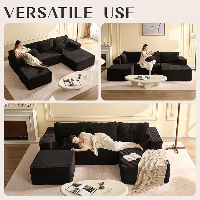107" Boneless Couch with Deep Seat, Modular Sectional Sofa, Cloud Sectional Couch for Living Room, No Assembly Required, Corduroy, U-Shape 3 Seater Right, Black