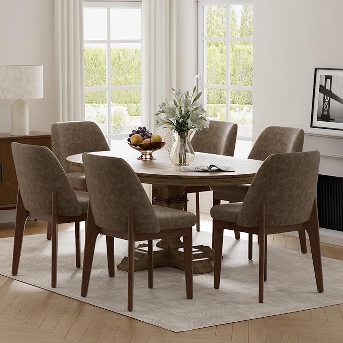 VKNOW Modern Dining Chairs Set of 6, Faux Leather Kitchen Chairs with Wood Legs, Upholstered Side Chair for Kitchen Dining Room, Dark Brown