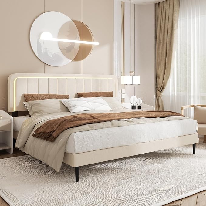 Queen Size Bed Frame with LED Lights, Upholstered Platform Bed with Adjustable Headboard, No Box Spring Needed, Noise-Free, Easy Assembly, Velvet Beige