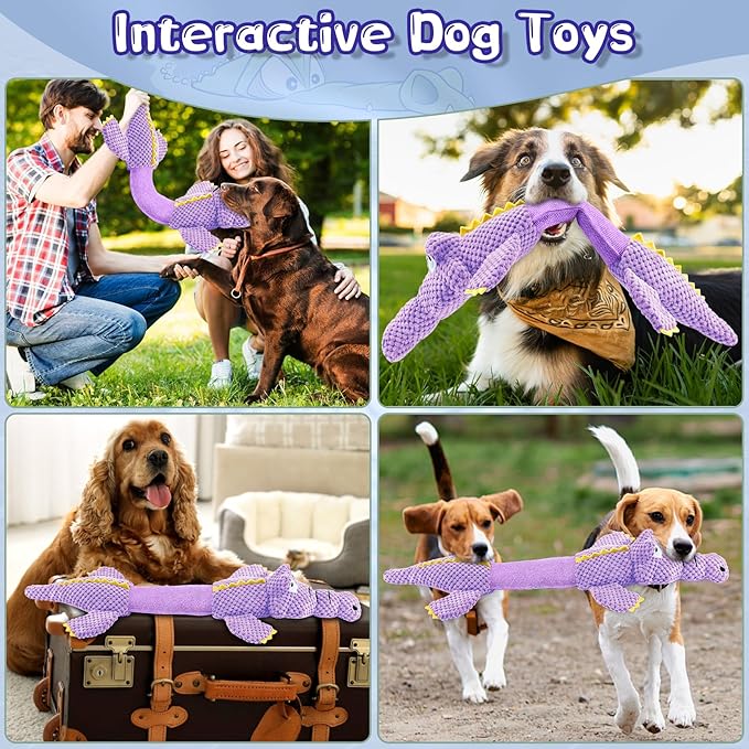 Interactive Tug of War Dog Toys for Small to Large Breeds-Squeaky Plush Puppy Toys with Crinkle Paper, Stuffed Chew Dog Toys to Keep Them Busy, Training Reward Gift (Purple)