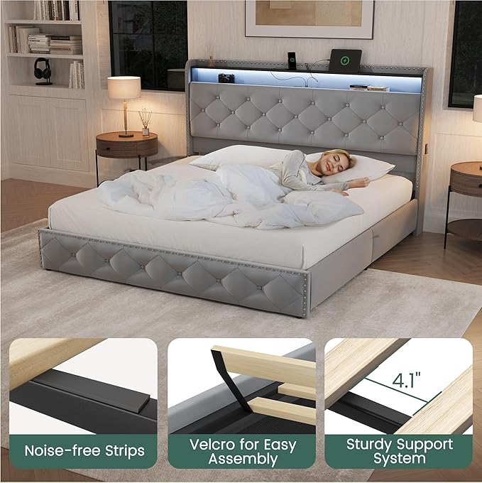 LARMACE Queen Size Bed Frame with Headboard Upholstered Tufted LED Platform Bed Frame Queen with 4 Storage Drawers&USB,Type-C Charging Station,Heavy Duty,No Box Spring Needed,Easy Assembly,Bluish Grey