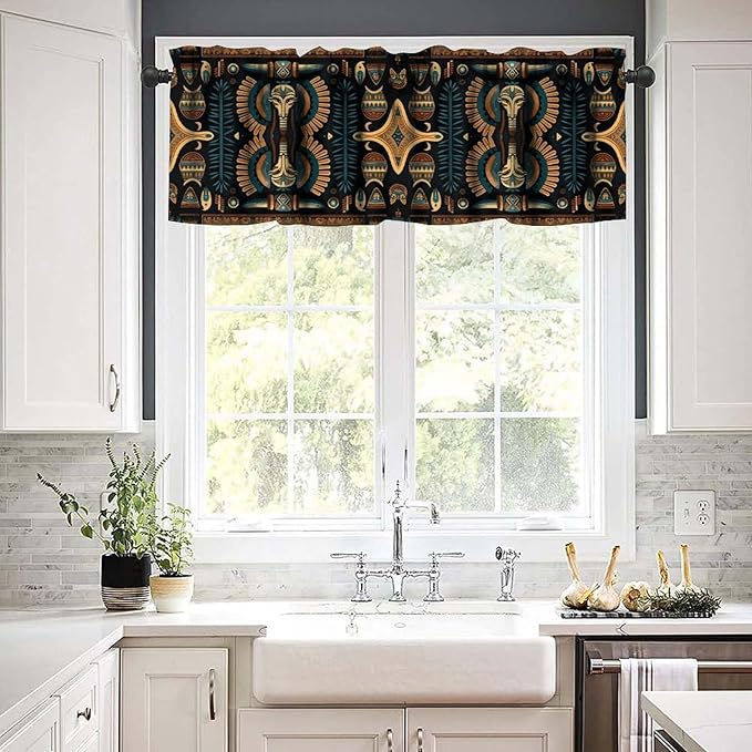 Vintage Ancient Egypt Valance Curtains, Retro Ethnic Old Egyptian Floral Geometric Print Mysterious Traditional Egypt Culture Window Valance Curtain for Farmhouse Bedroom Living Room Kitchen 54x18inch