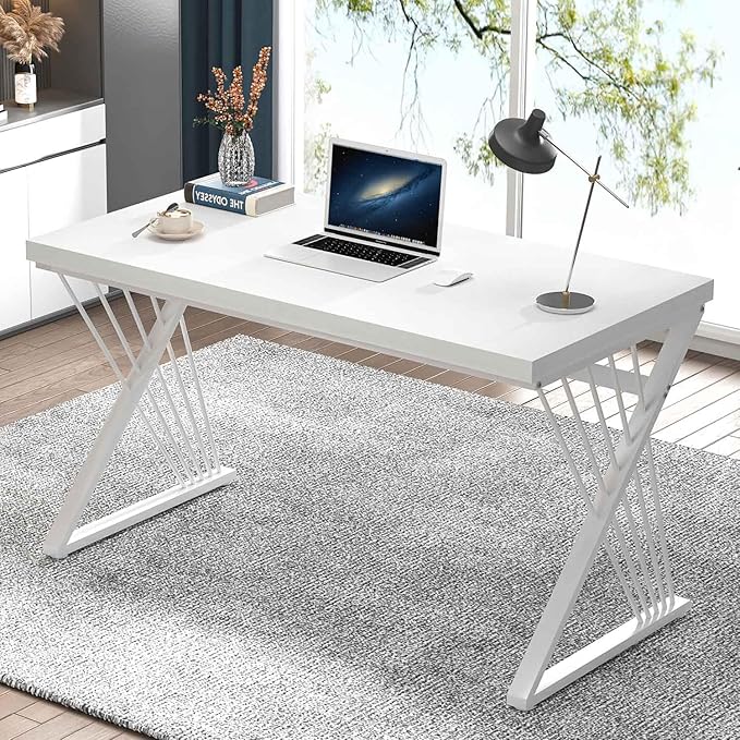 FOLUBAN White Desk, Modern Wood and Metal Computer Desk for Home Office, Simple Writing Work PC Desks for Bedroom, Industrial Study Gaming Table for Living Room, White, 47 Inch