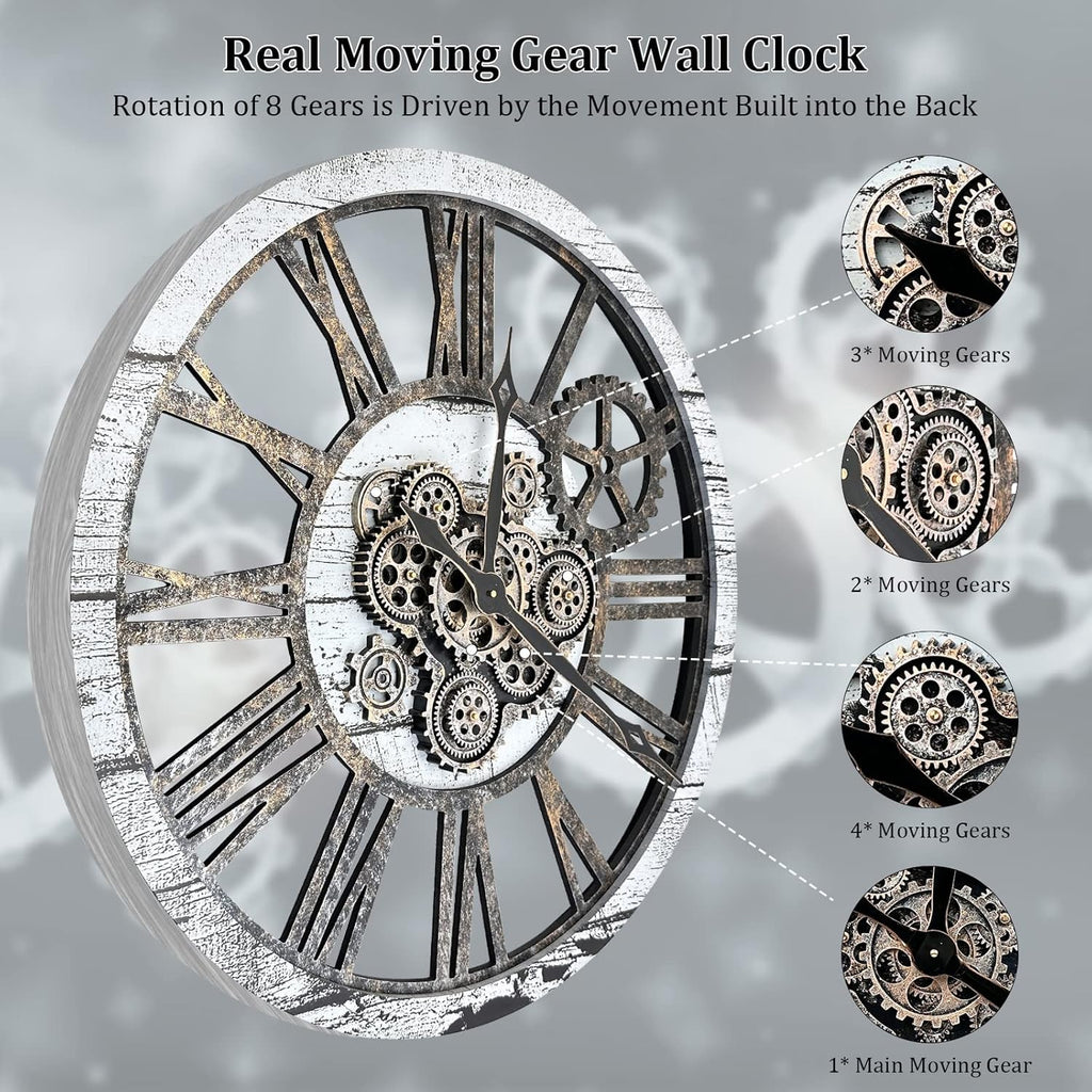 HOIBAI Large Wall Clock Clocks for Living Room Decor Oversized 30 Inch Wall Decor Farmhouse Vintage Rustic Industrial Roman Big Chic Home Decor Wall Clock for House Bedroom, Moving Gears Clock