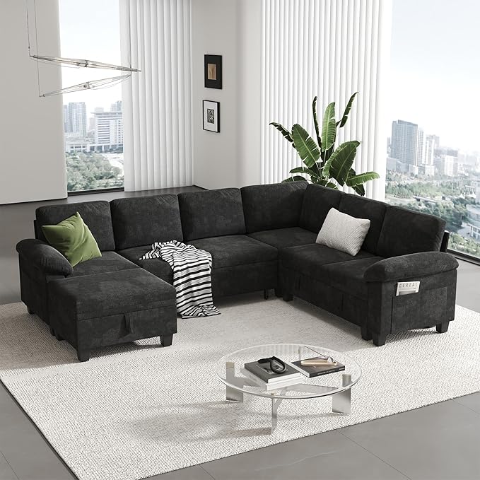 100" Modular Sectional Sleeper Sofa with Pull Out Bed,U Shaped 7 Seat Sectional Sofa with Storage,Modular Couch for Living Room,Deep Seat Couch with Removable Sofa Cover,Black