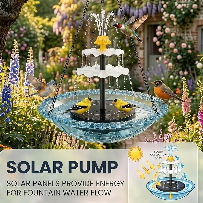 Solar Cascade Hanging Bird Bath Fountain, Solar Fountain Pump with 8 Nozzles, Hanging Bird Bath with Water for Outdoors Garden Patio Backyard Lawn Decor (Red)