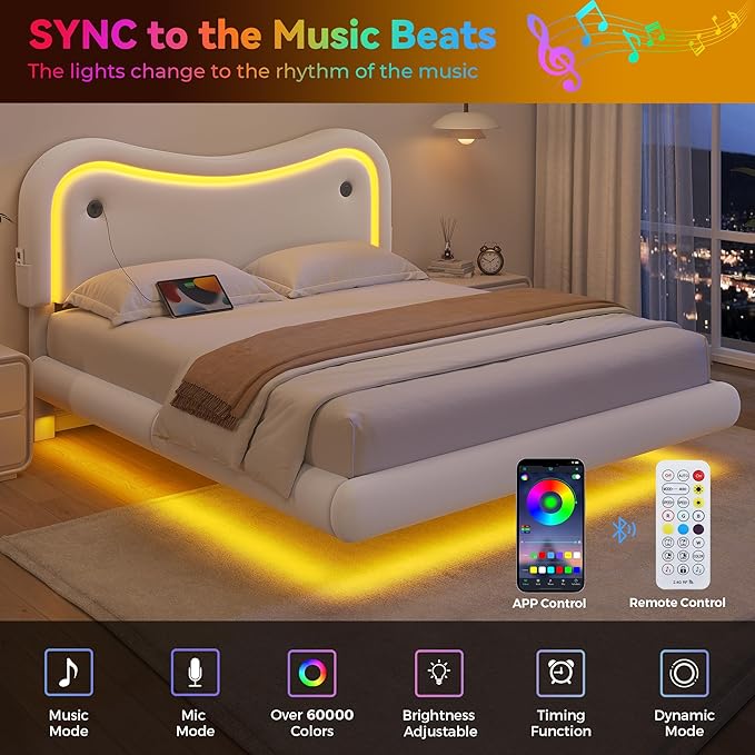Queen Size Floating Bed Frame with LED Lights, Velvet Upholstered HeadboardBed Frame, Rounded Corners, Charging Station, No Box Spring Needed, Easy Assembly, White