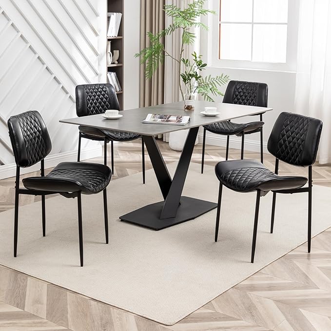 Modern Dining Chairs Set of 4, Leather Dining Chair with Metal Legs, Upholstered Dining Room Chairs for Dining Room, Kitchen, Vanity (Black)