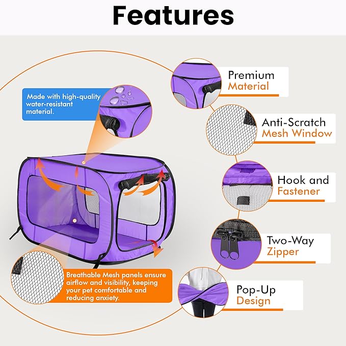 Beatrice Home Fashions Portable, Collapsible, Pop Up Kennel Travel Cat and Dog Crate, 24" L x 16.6" W x 16" H, Purple