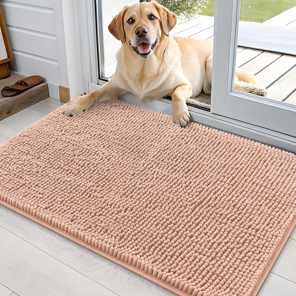 OLANLY Dog Door Mat for Muddy Paws 36x24, Absorbs Moisture and Dirt, Absorbent Non-Slip Washable Doormat, Quick Dry Chenille Mud Mat for Dogs, Entry Indoor Entryway Carpet for Inside Floor, Peach