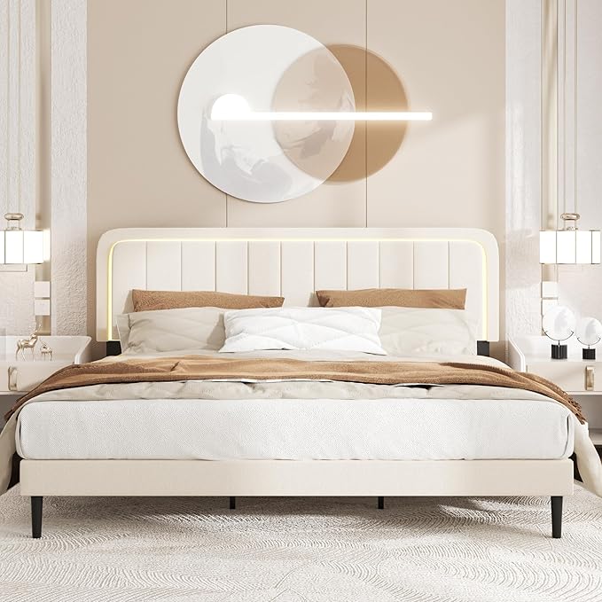 Queen Size Bed Frame with LED Lights, Upholstered Platform Bed with Adjustable Headboard, No Box Spring Needed, Noise-Free, Easy Assembly, Velvet Beige