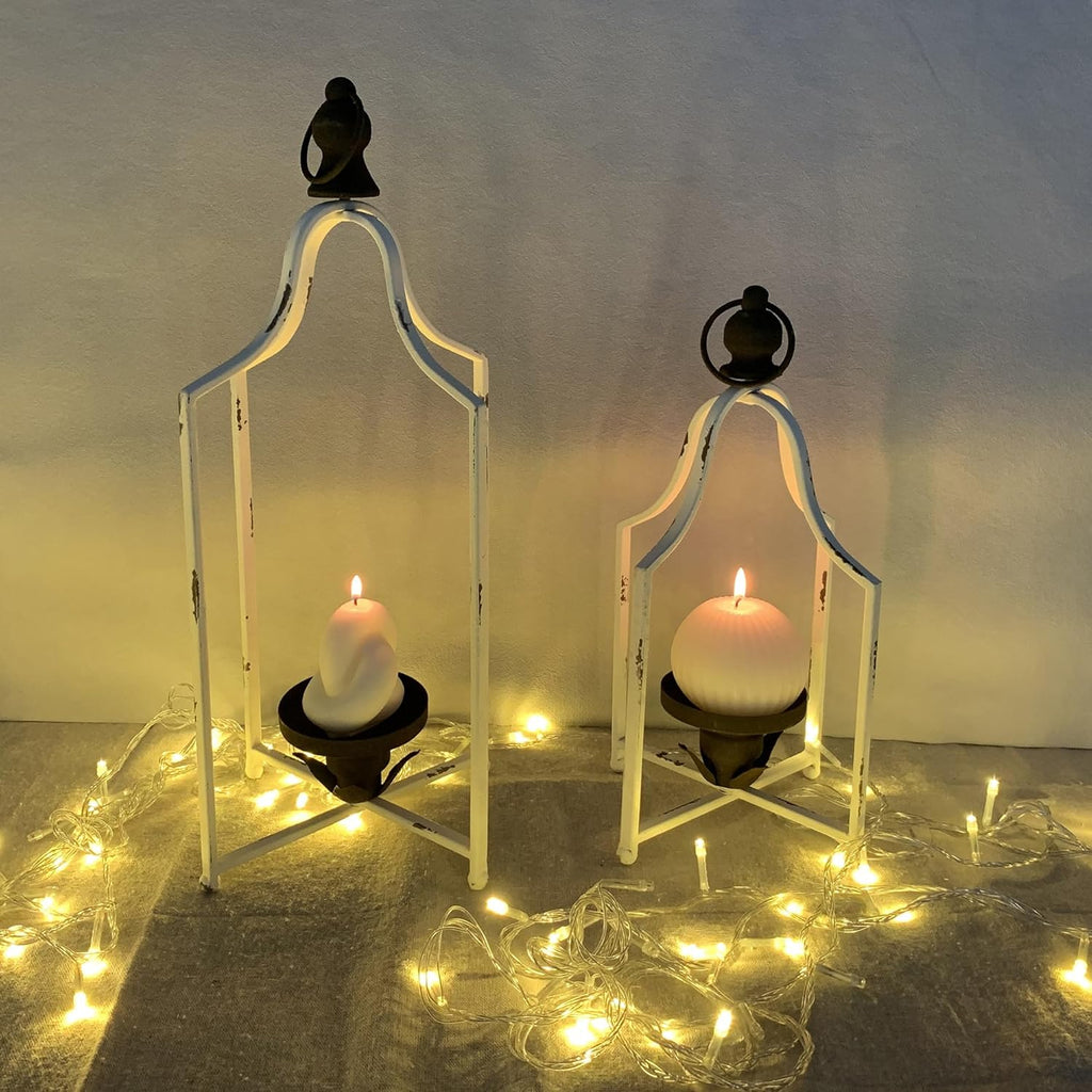 Large Tall Shabby Chic Lanterns Decorative Indoor Outdoor, Outside Gifts Front Porch Patio Vintage Metal Candle Holders, Fireplace Table Floor Farmhouse Rustic Decor Set of 2