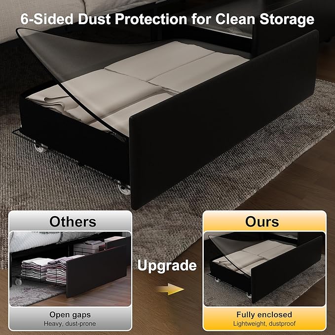 King Led Bed Frame with 4 Storage Drawers, Bed Frame with Led Lights No Box Spring Needed, 900 lbs Capacity, Easy Assembly, PU Black