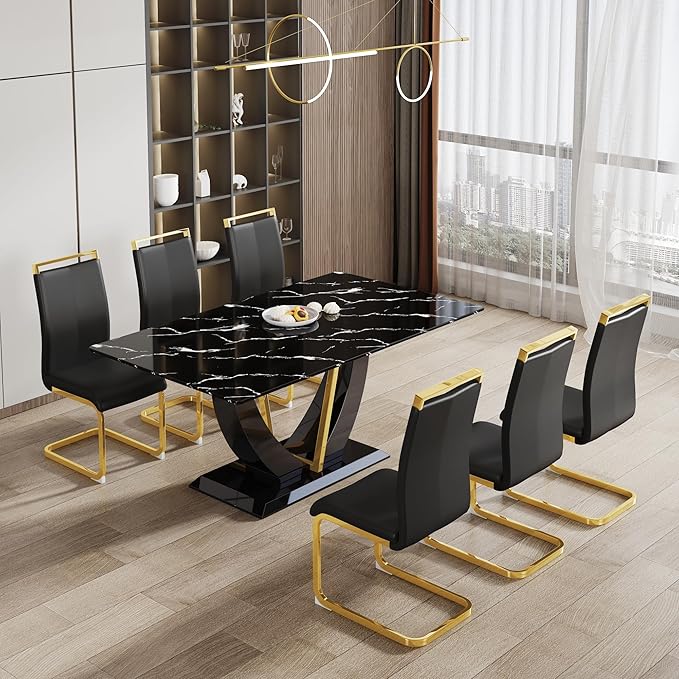 71" Dining Table Set for 6, Black Faux Marble Dining Room Table Set for 6, Large Rectangular Kitchen Table Set and PU Leather Chairs,Tempered Glass Glossy Table with Golden Leg