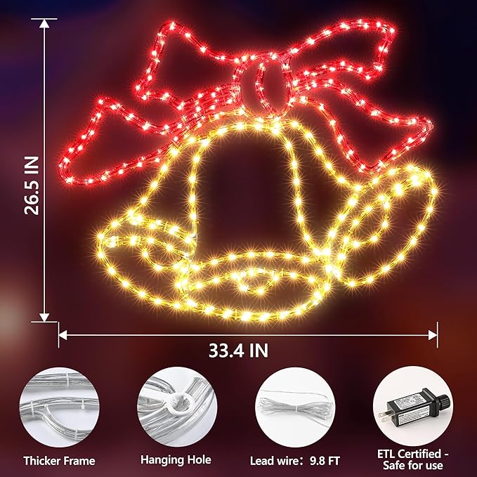 Joomer 33‘’ Christmas Lights Outdoor Bell Neon Super-Bright Large LED Christmas Light Decoration with Timer Waterproof for Outdoor Home Party Wall Hanging Holiday(Warm White & Red)