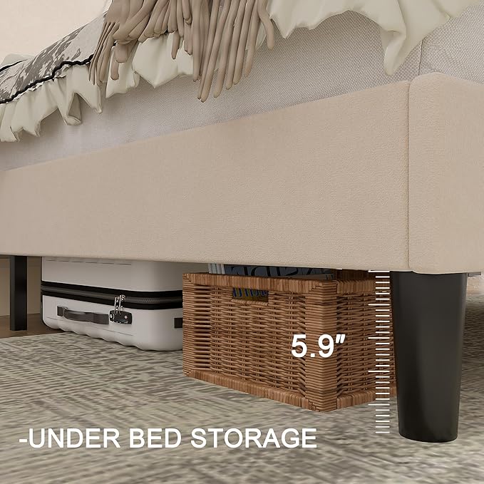 VECELO Queen Bed Frame with Upholstered Wingback Headboard, Heavy-Duty Platform Bedframe with Charging Station, Wooden Slats, No Box Spring Needed, Beige