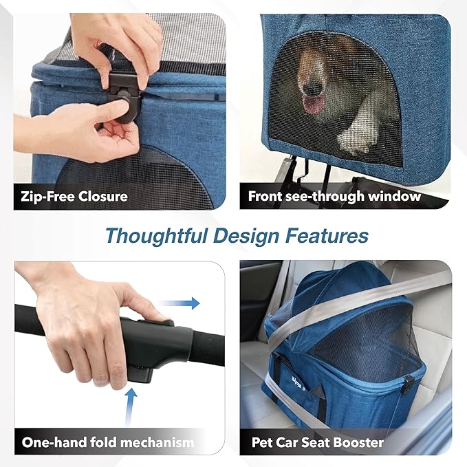 ibiyaya Essential – Travois Tri-Fold Pet Travel System for Medium Dogs, Cats, and More, 3 in 1 Dog Stroller with Detachable Carrier, XL Cabin (Nautical Blue)