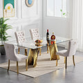Goujxcy 70" Glass Dining Table Set for 4, Modern Gold Dining Table Set with 4 Beige Velvet Upholstered Dining Chairs, 5 Piece Kitchen Dining Room Table Set with Stainless Steel Legs