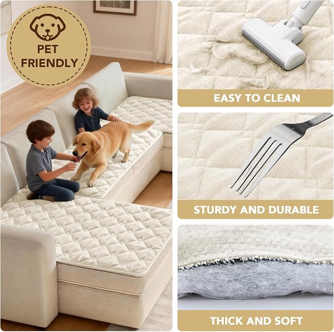 H.VERSAILTEX Chenille Couch Cover for Dogs Washable Soft Fuzzy Chaise Cover Sectional Couch Covers for L Shaped Sofa Both Left/Right Thick Pet Couch Cover Protector Non-Slip(Ivory, 34" x 68")