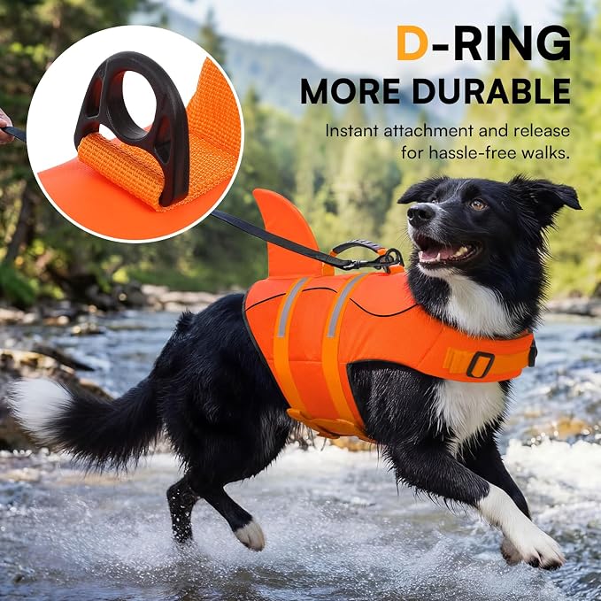 Dog Life Jacket, Dog Life Vest for Swimming, Medium Dogs Shark Swimming Safety Vest Adjustable Preserver with High Buoyancy, Pet Lifesaver for Medium Dogs, Orange M